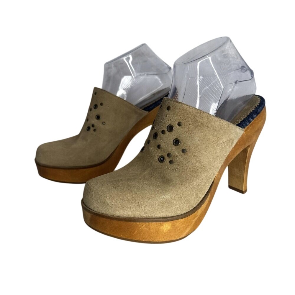 Tommy Hilfiger Shoes Womens Size 8M Tan Suede Clog Mule Platform Wooden Heel y2k